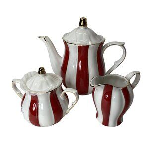 Grace Teaware Red & White Striped Porcelain Tea Set Gold Trim Christmas Decor